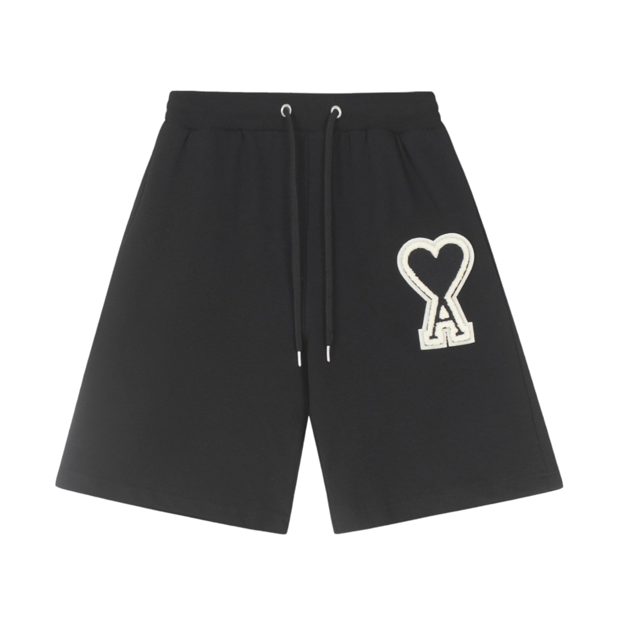 Pantalones cortos Ami Paris shorts negras y blancas con diseño moderno y logo en forma de corazón.